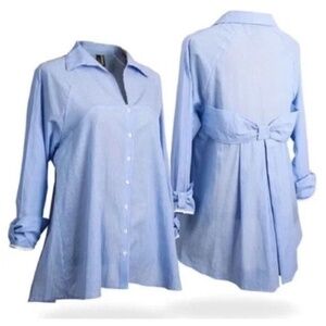 RAVEL Women's M Sky Blue & White Gingham Swing Button Front Blouse Back Bow‎